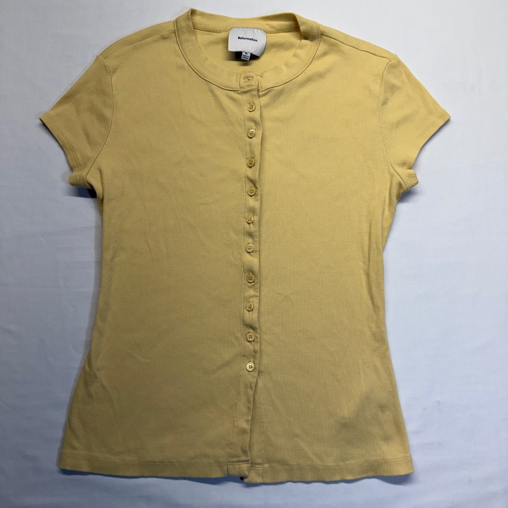 Reformation Raelynn Knit Top Blonde Ribbed Button Front Baby Tee XL - Picture 2 of 8